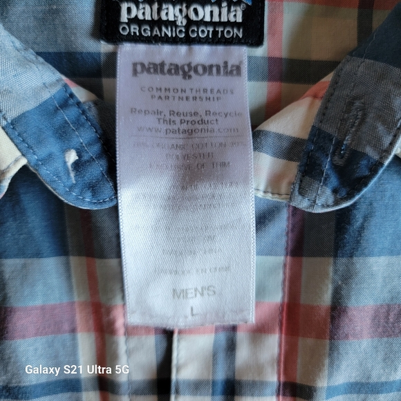 Patagonia Mens 70% Organic Cotton SS Button Up Plaid Shirt Blue/Pink/Tan Size L - Picture 5 of 6